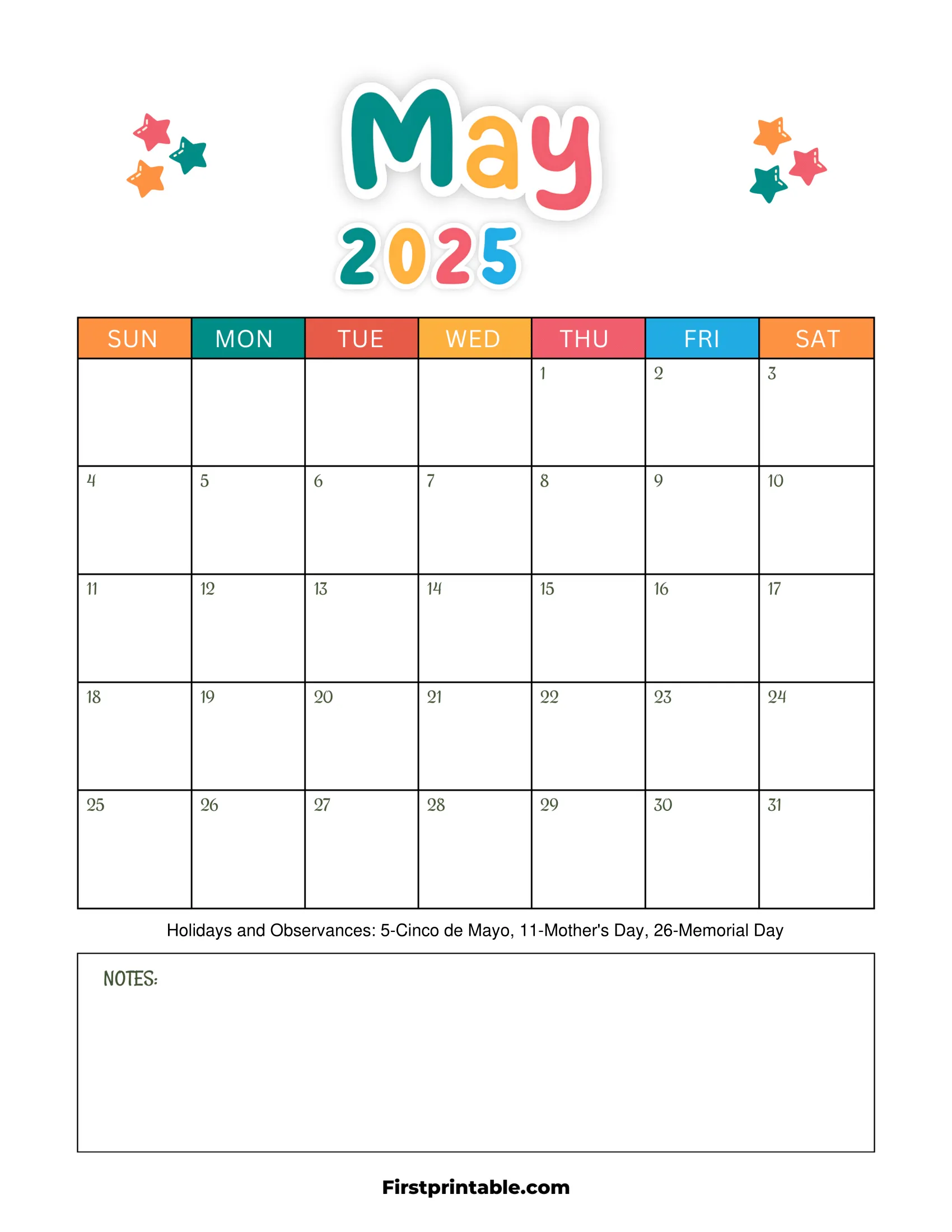 may 2025 calendars free printable fillable