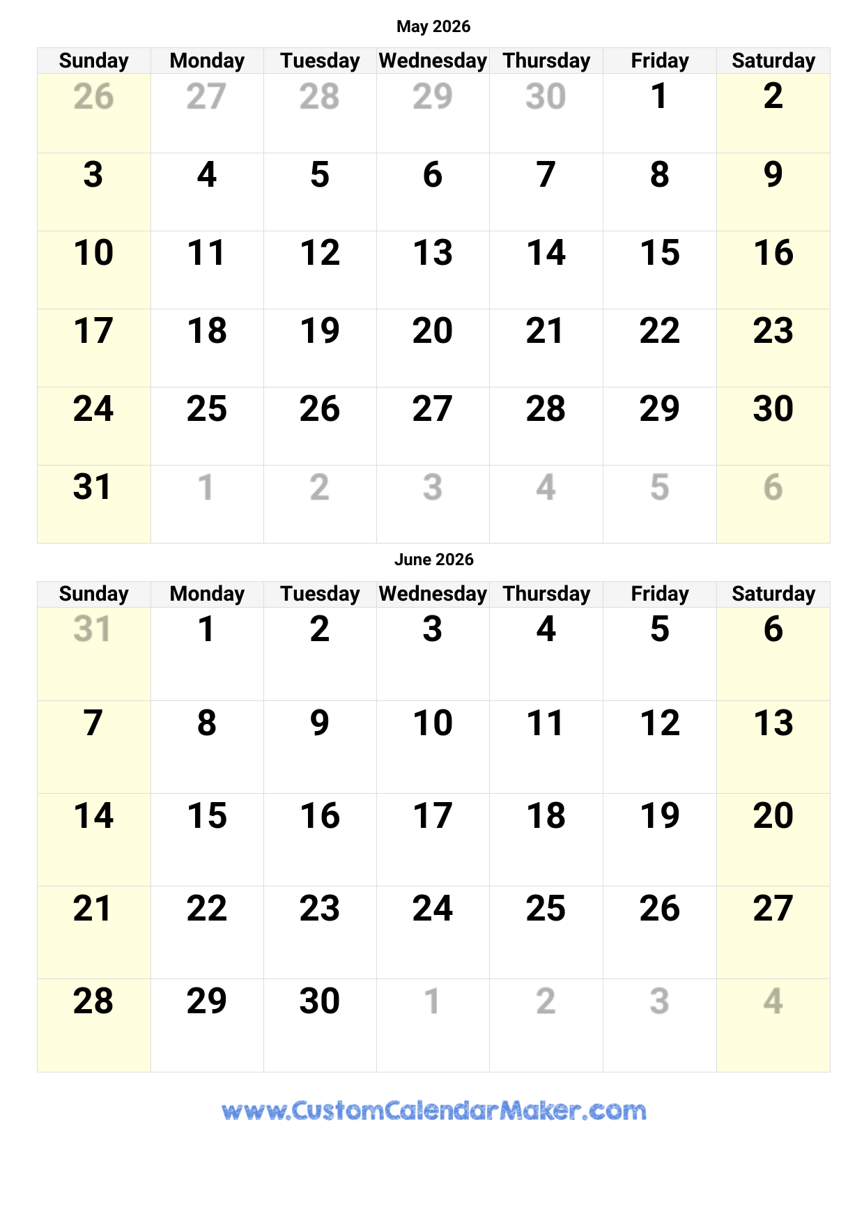 Printable May June 2026 Calendar