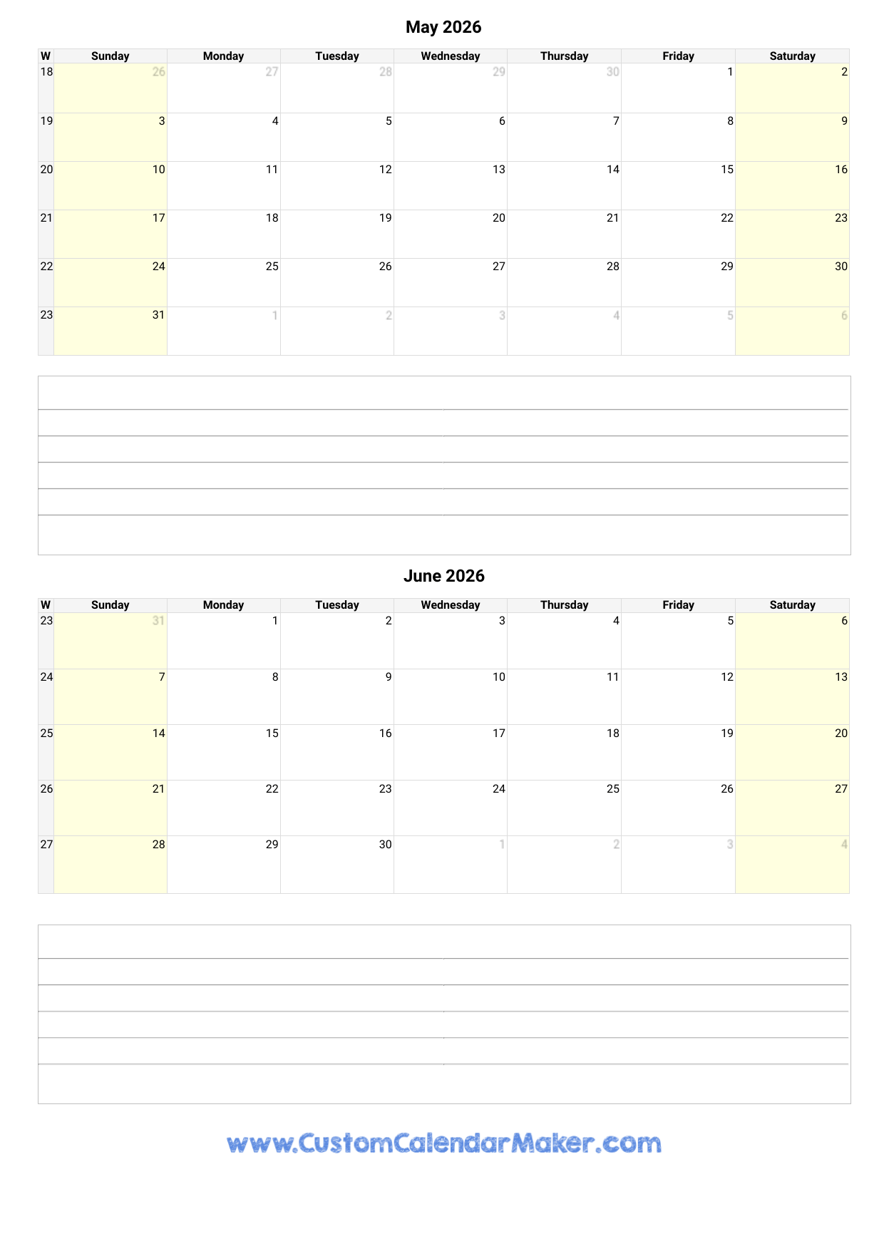 May And June 2026 Calendar Custom Calendar Maker