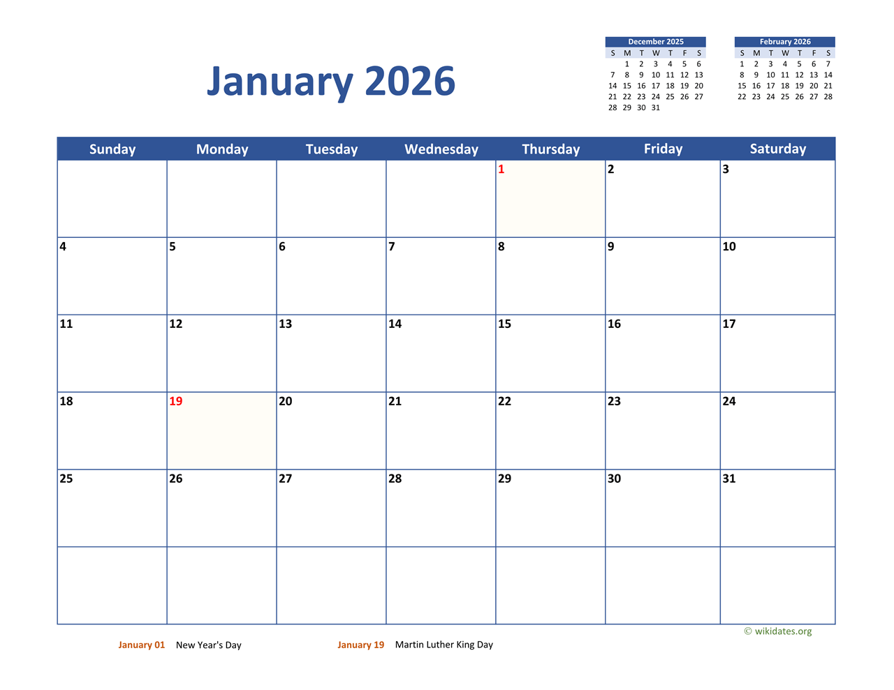 Monthly 2026 Calendar Classic WikiDates