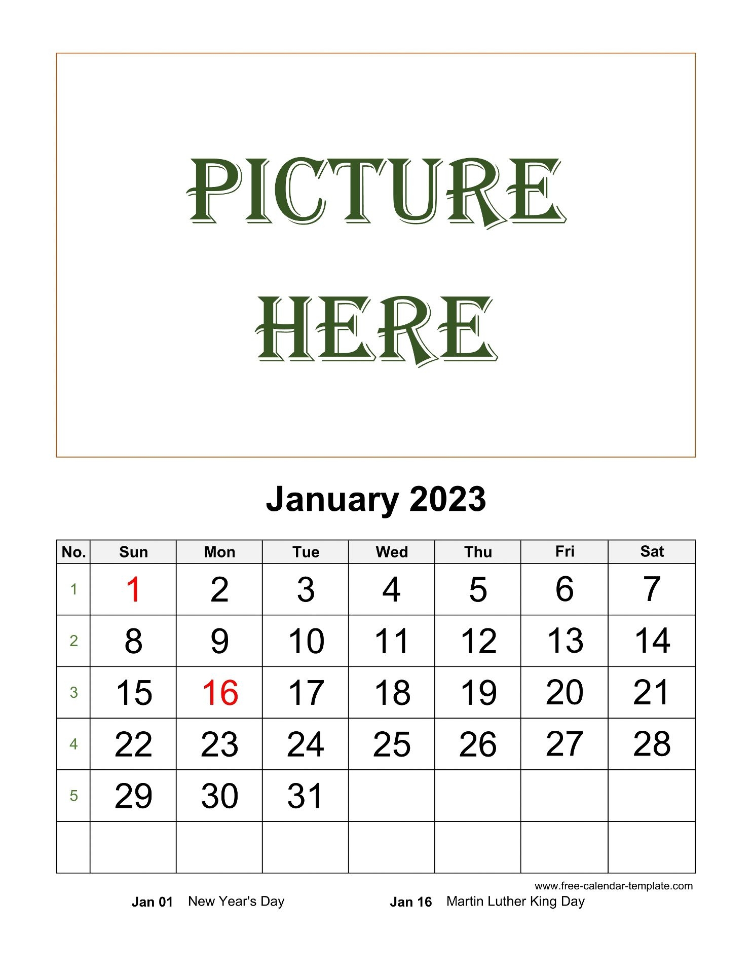 Monthly Printable 2023 Calendar Space For Add Picture vertical Free Calendar template