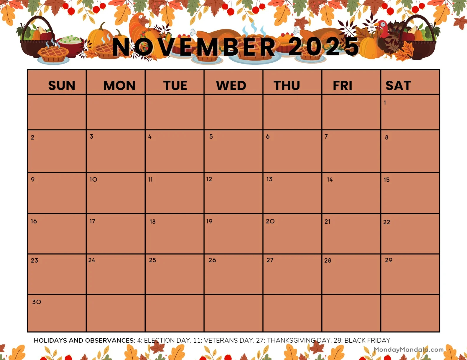 2025 Printable Calendar November
