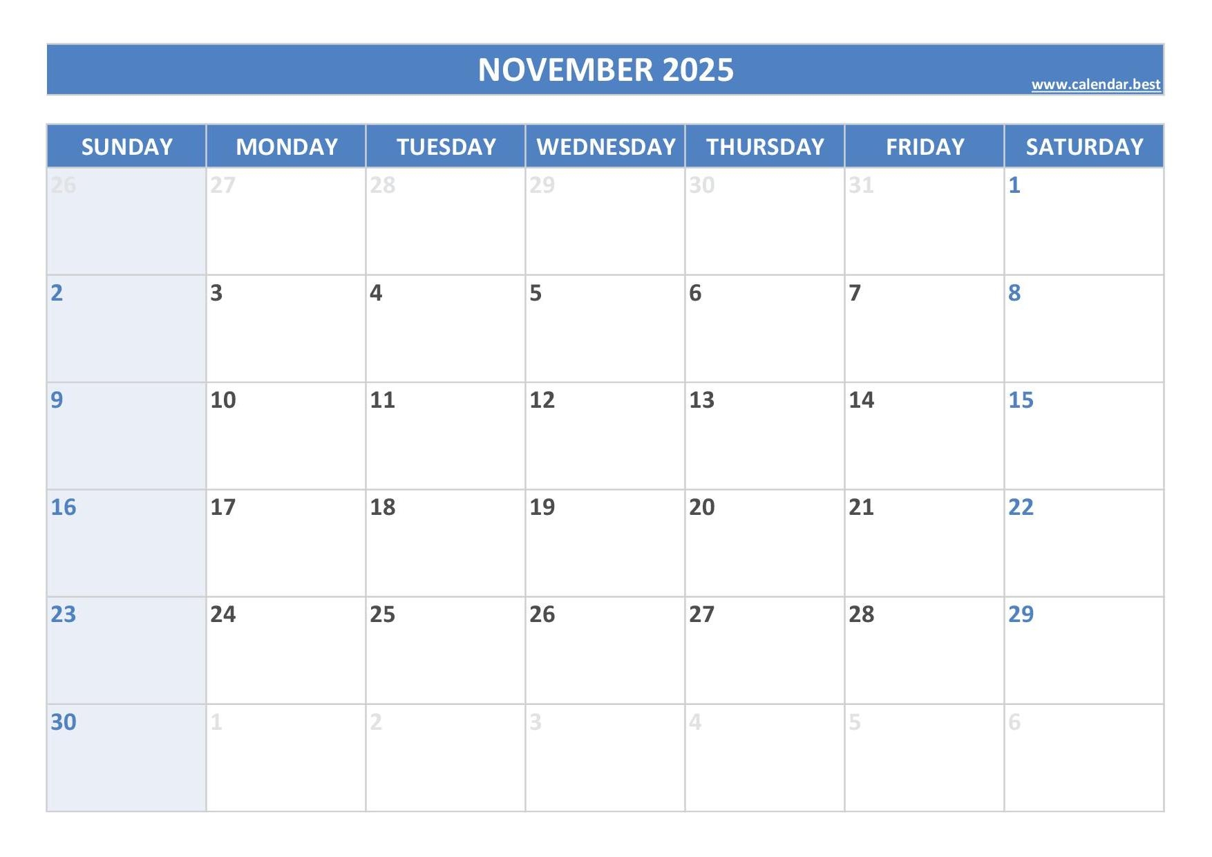 Blank November 2025 Calendar Printable Pdf
