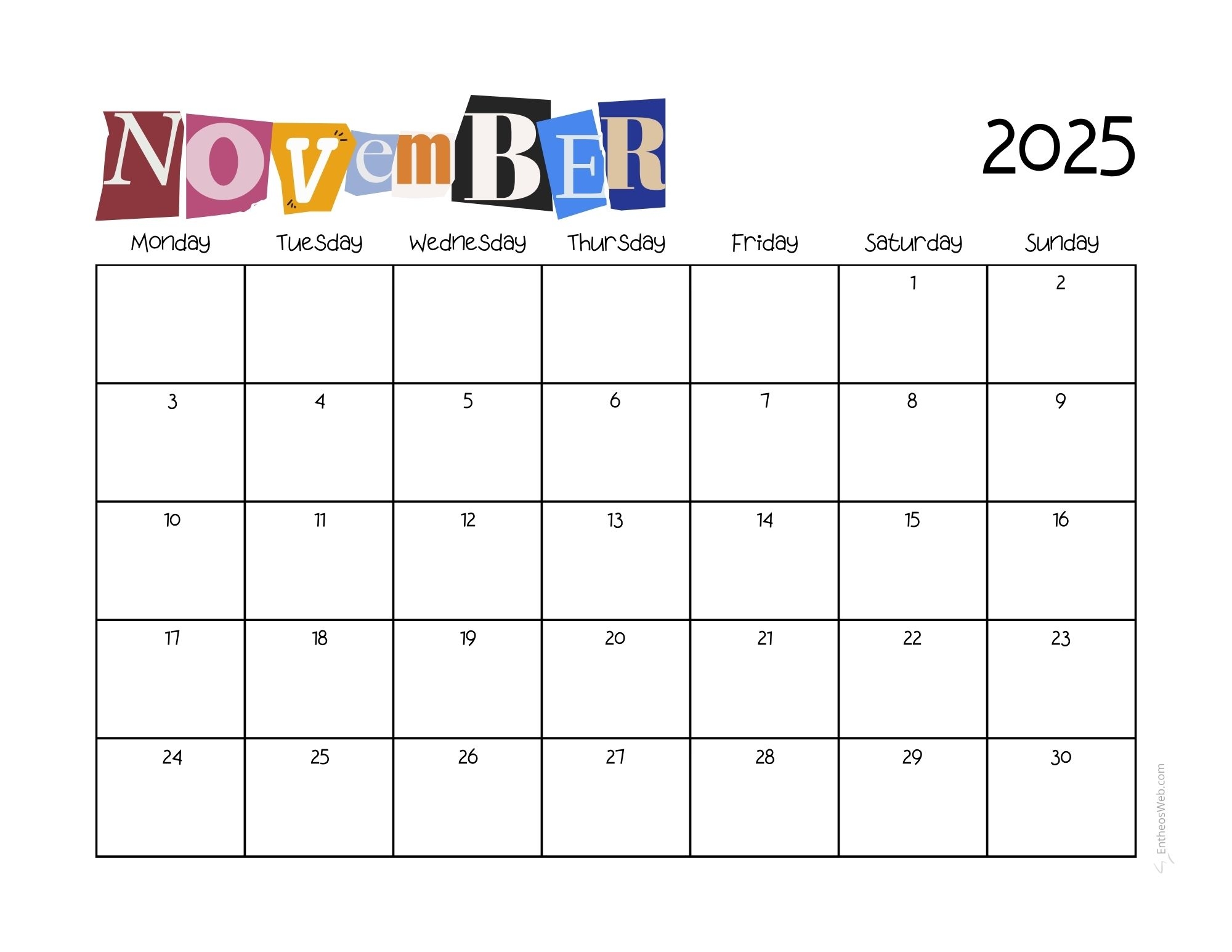 November 2025 Calendar Printables EntheosWeb