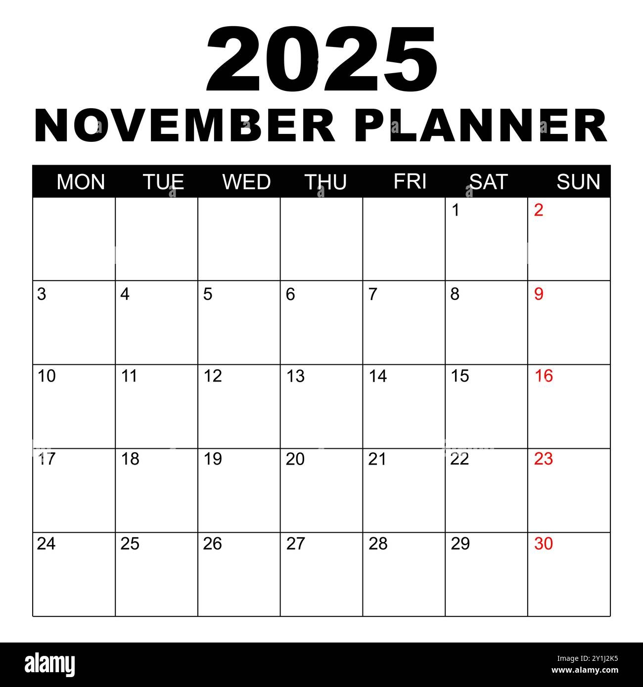 november 2025 calendar week starts on monday blank calendar template fits letter size page stationery design simple set calendar 2025 monthly stock vector image art alamy