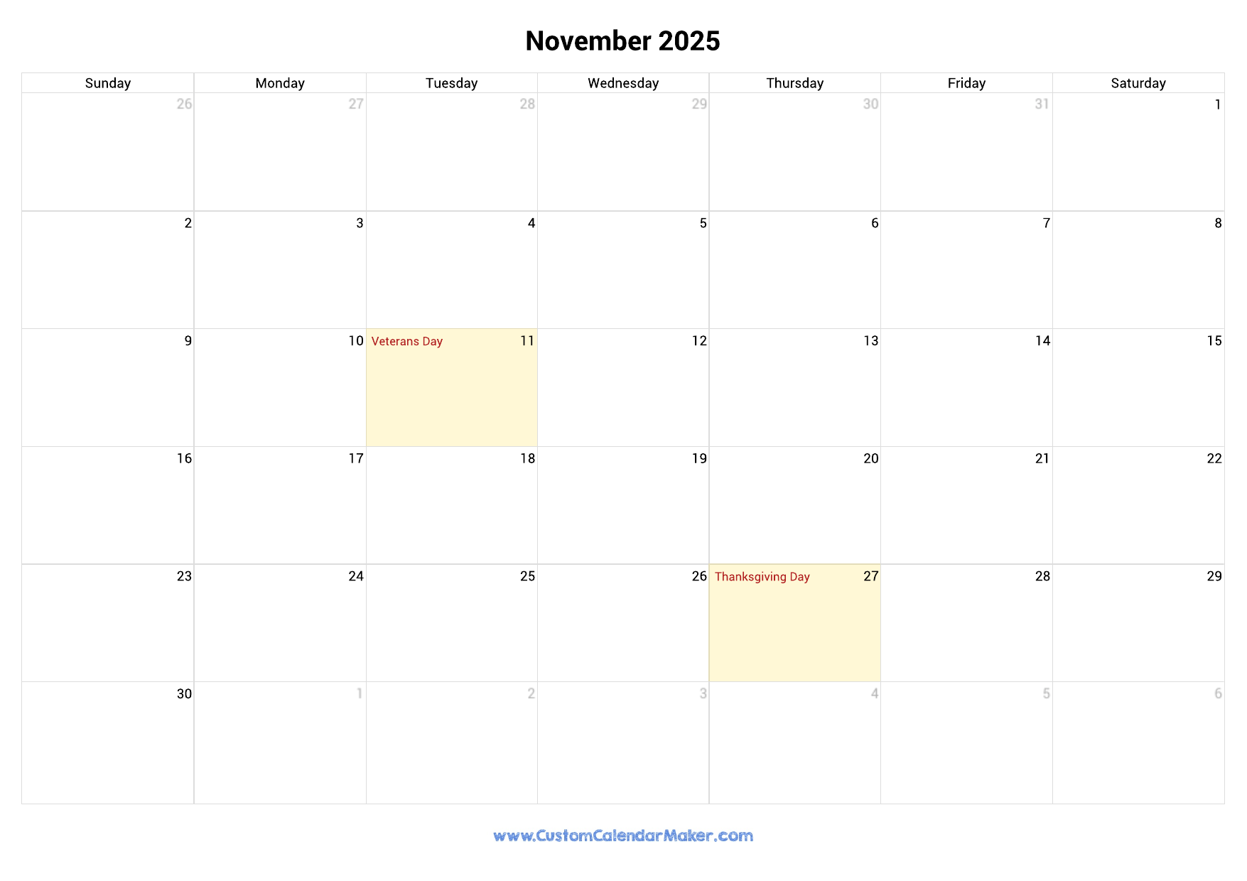 November 2025 Calendar Printable With Holidays