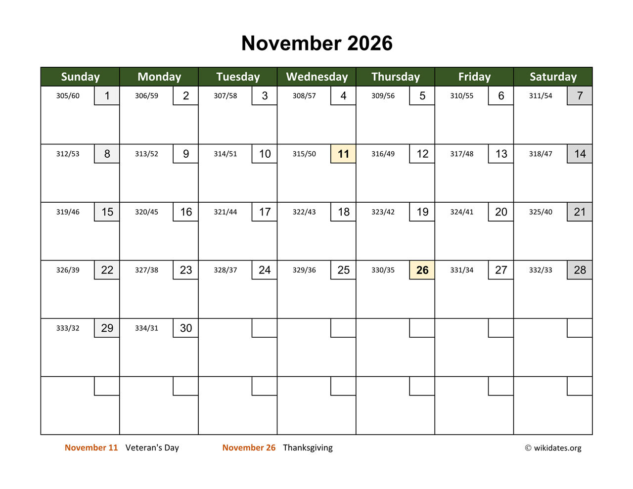 November 2026 Calendar With Day Numbers WikiDates