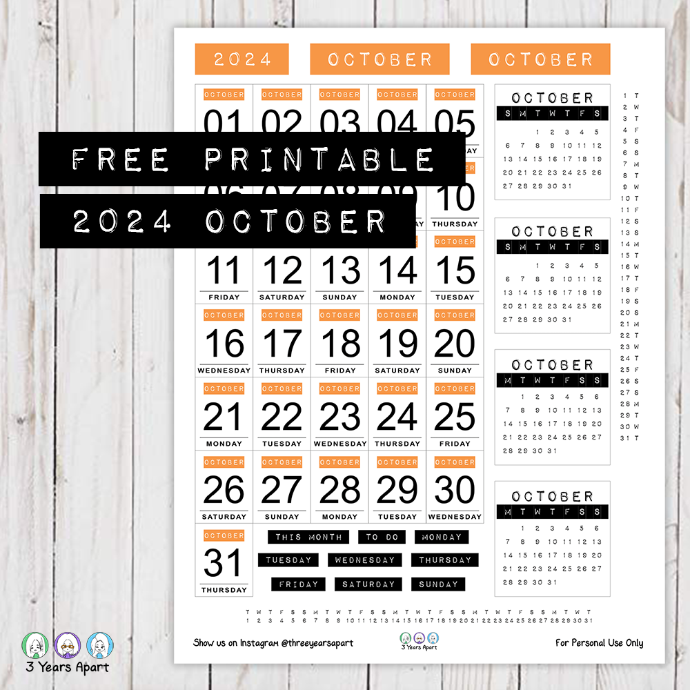 October 2024 Dated Bullet Journal Stickers Free Printable For Bullet Journals And Planners 3 Years Apart