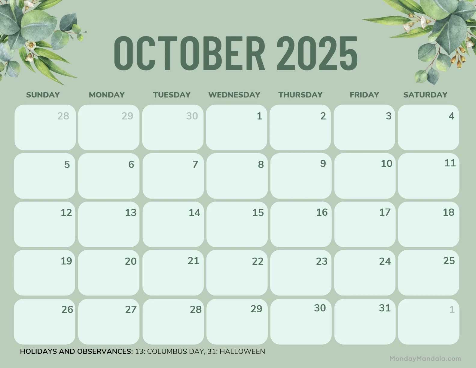 Free Printable October 2025 Calendar