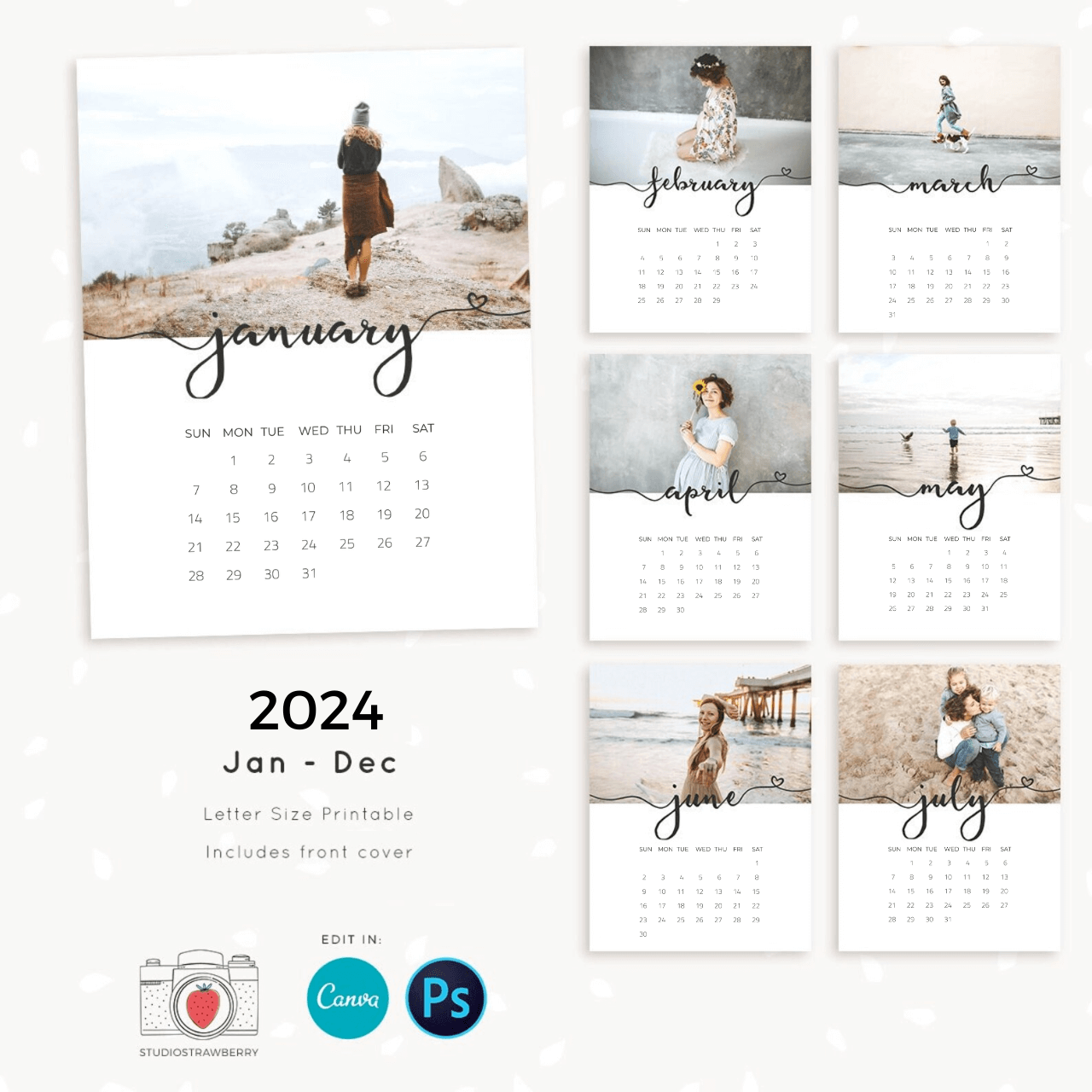 photo calendar template with small heart lettering strawberry kit