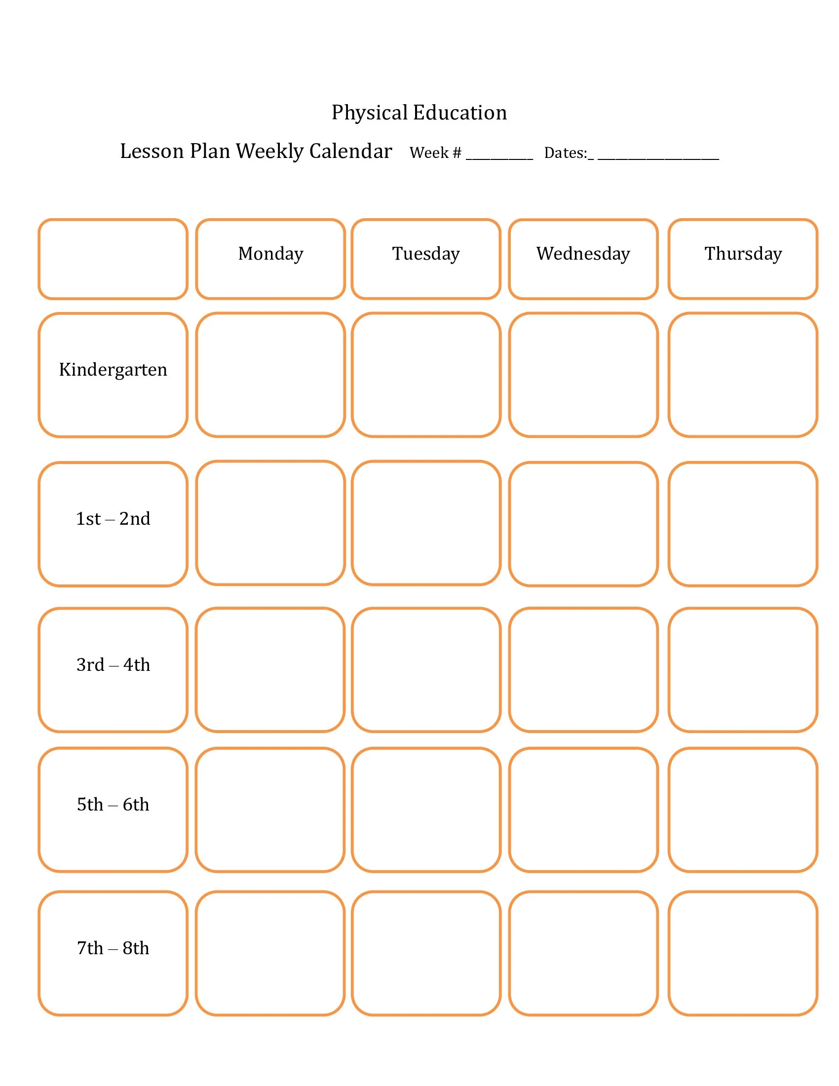 Physical Education Weekly Lesson Plan Calendar Digital File Instant Download Microsoft Word Document PDF Etsy
