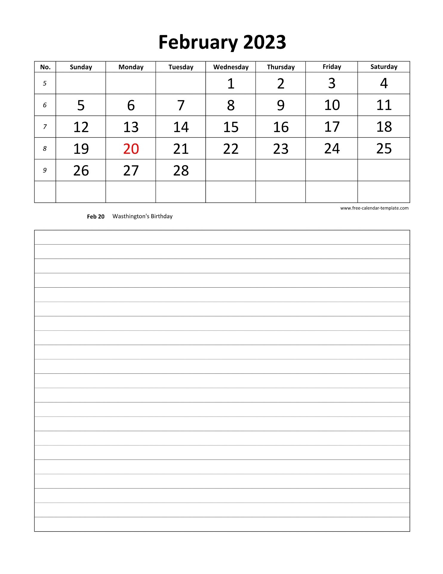 Printable 2023 February Calendar Grid Lines For Daily Notes vertical Free calendar template