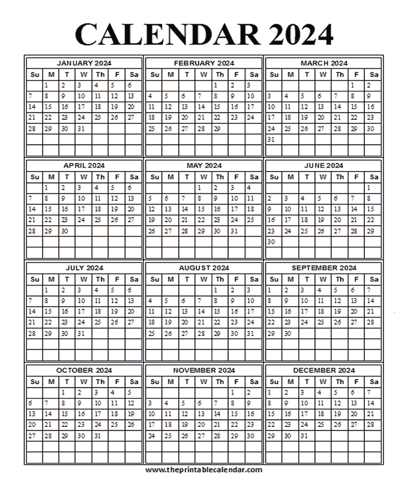 Printable 2024 Calendar One Page 12 Month Calendar Theprintablecalendar