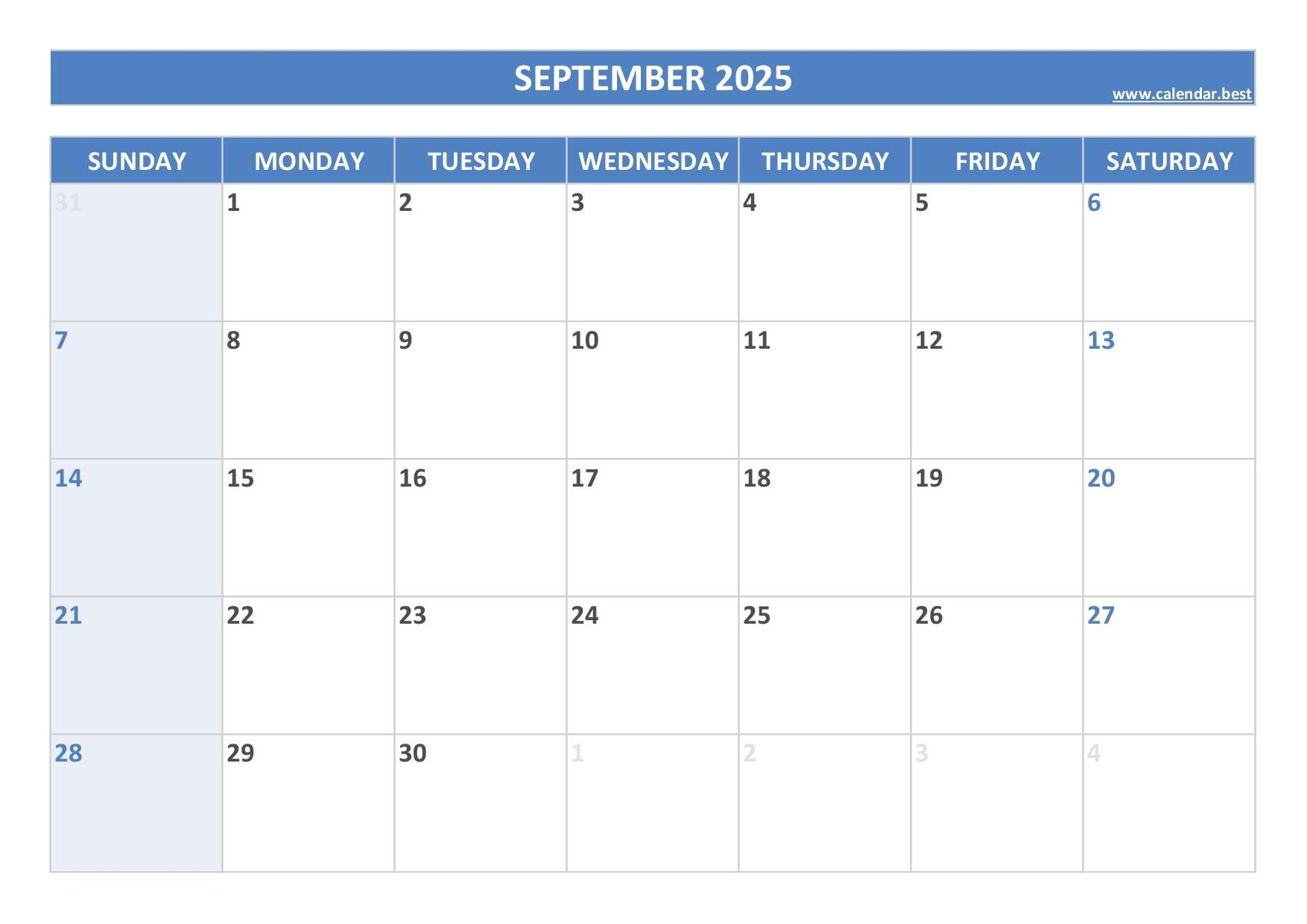 September Month Calendar 2025 Printable