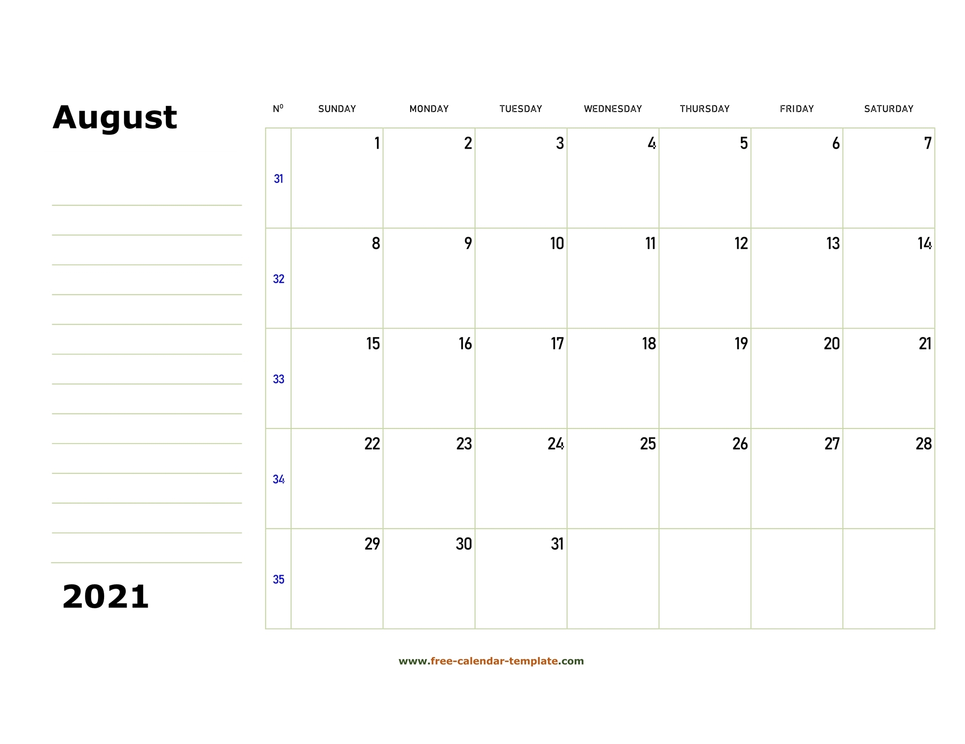 Printable August 2021 Calendar box And Lines For Notes Free calendar Template