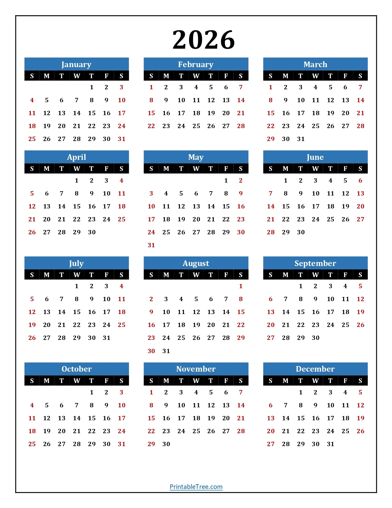 Blank Template Free Calendar Printable 2026