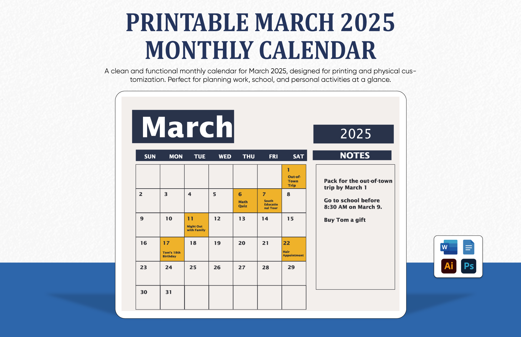 printable march 2025 monthly calendar template in illustrator word google docs psd to download template