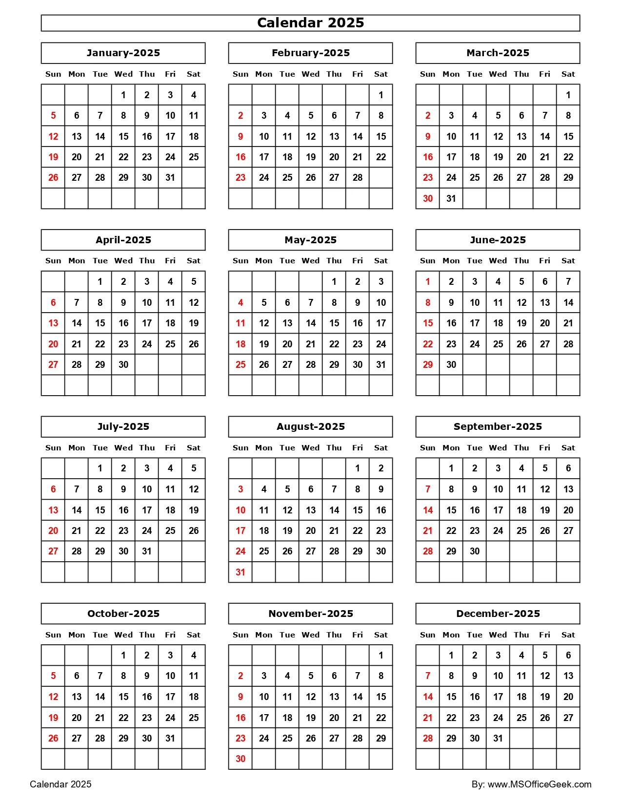 2025 Free Printable Calendar Protrait
