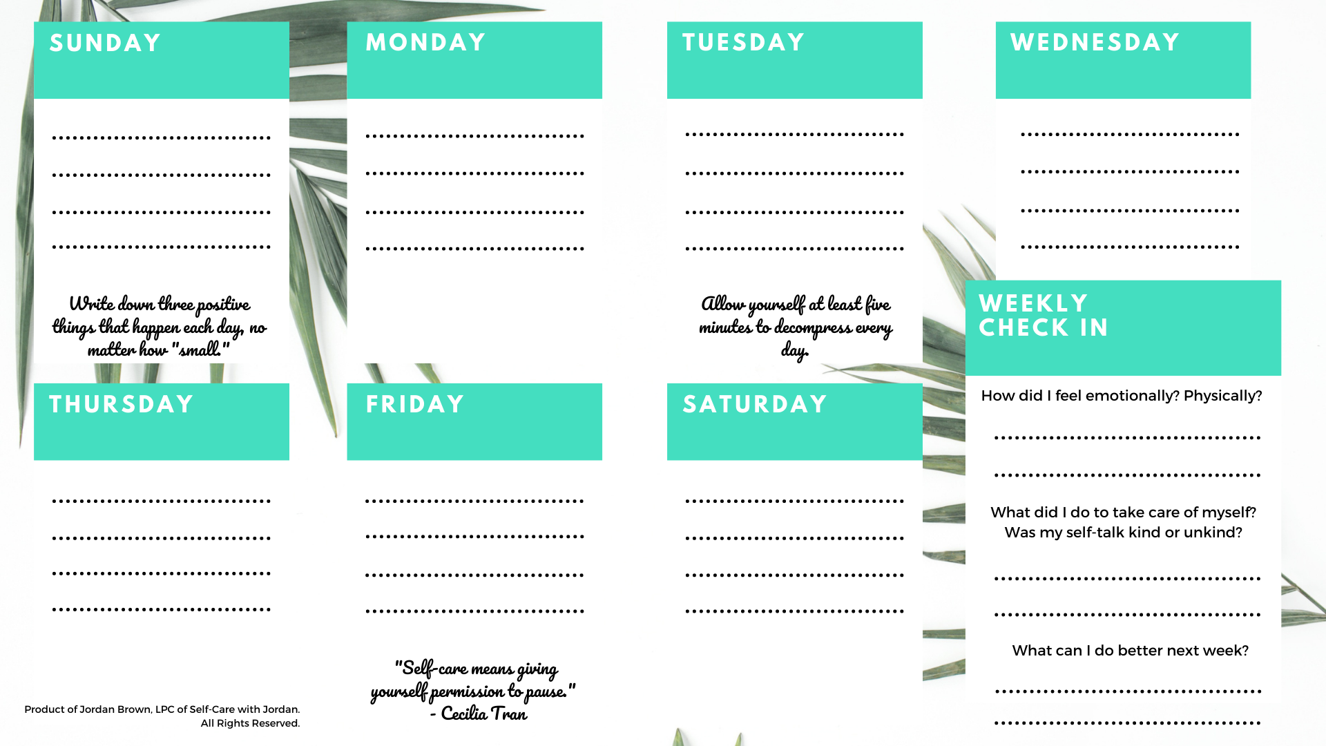 Self Care Weekly Calendar PDF 