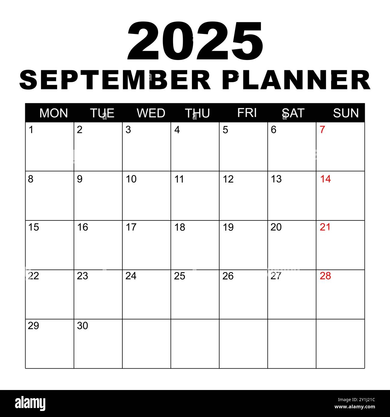 september 2025 calendar week starts on monday blank calendar template fits letter size page stationery design simple set calendar 2025 monthly stock vector image art alamy