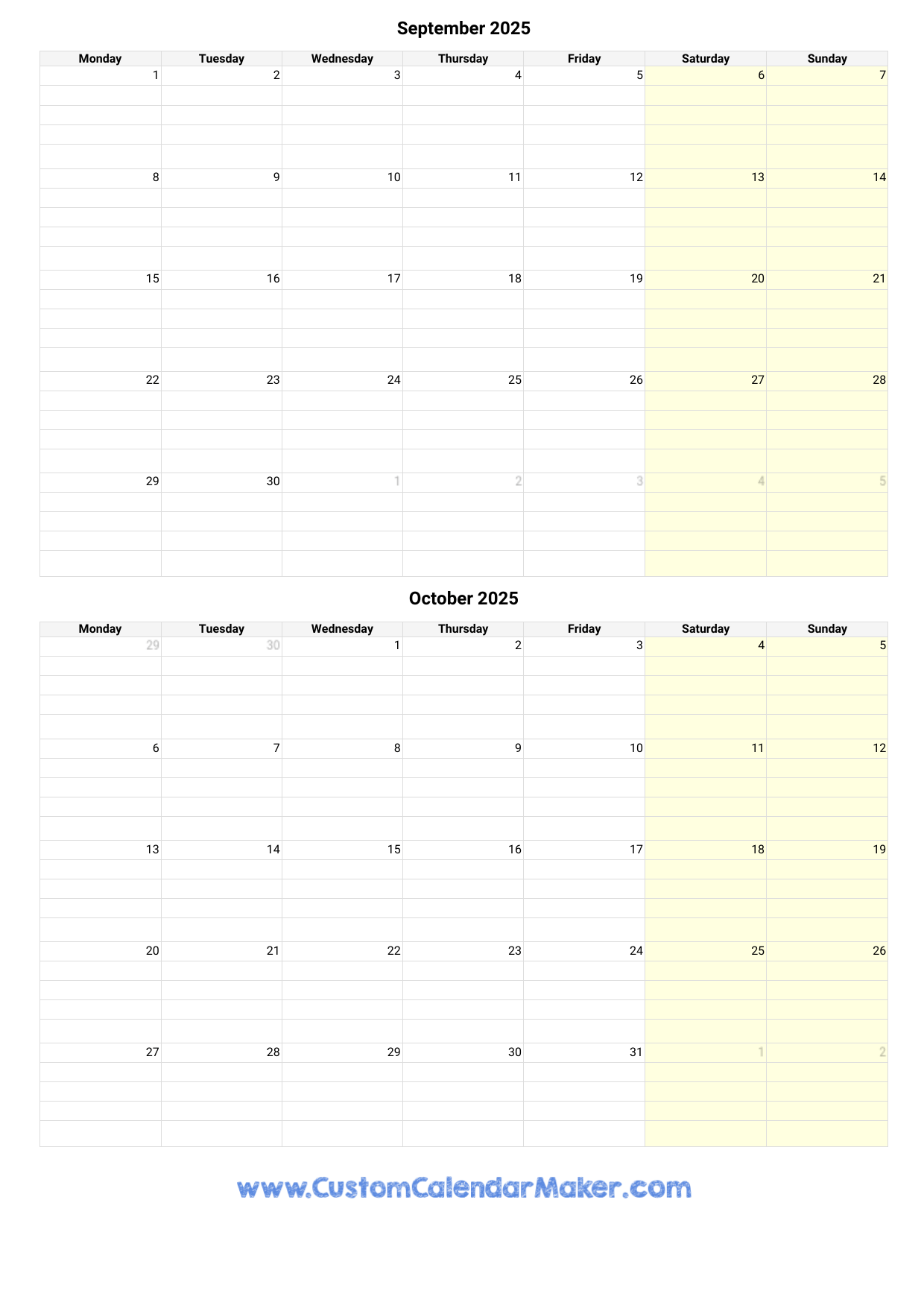 September And October 2025 Calendar Custom Calendar Maker