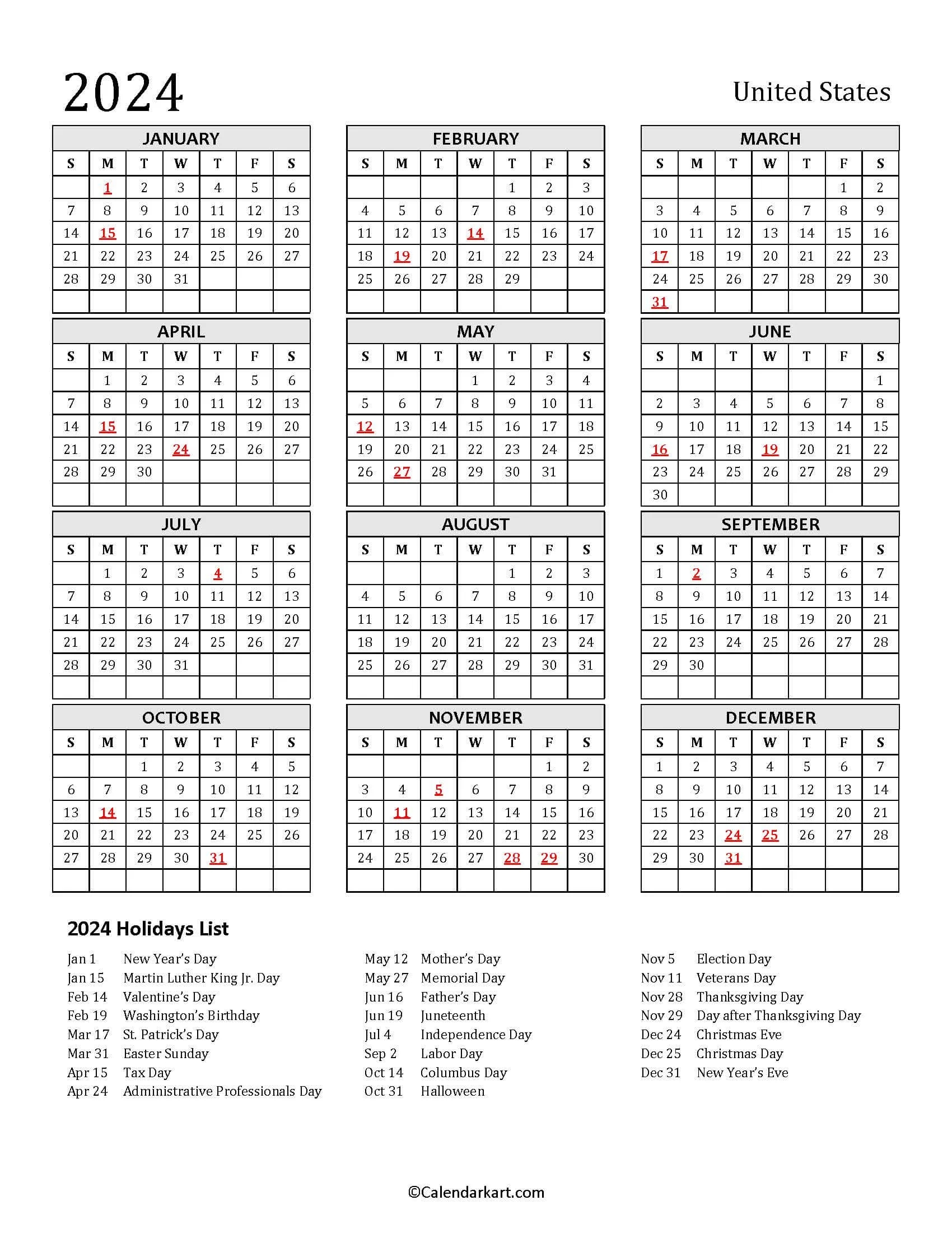 United States Calendars With Holidays CalendarKart