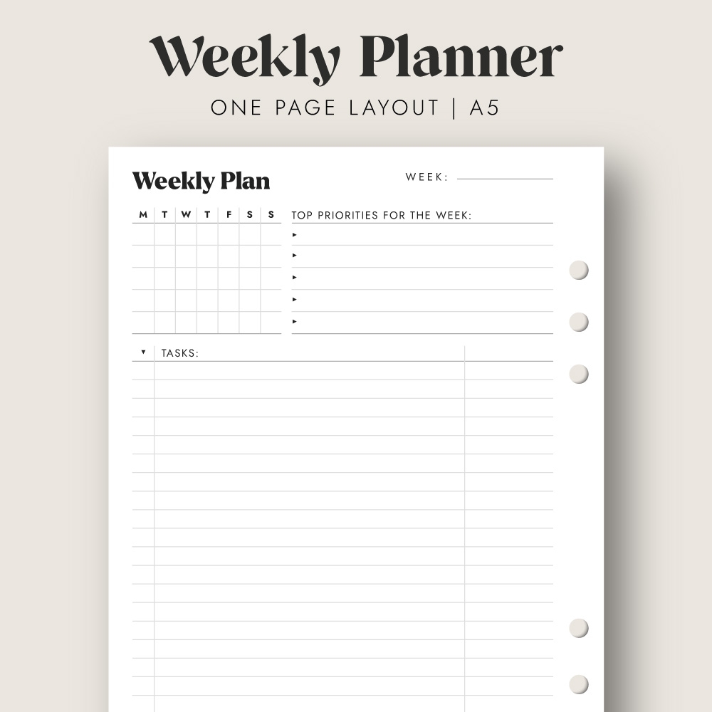 Weekly Planner With Monthly Calendar Printable Insert A5 Free Download One Page Layout