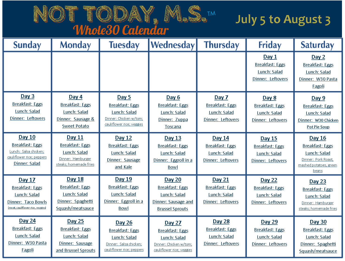 Whole30 July Meal Plan Not Today MS