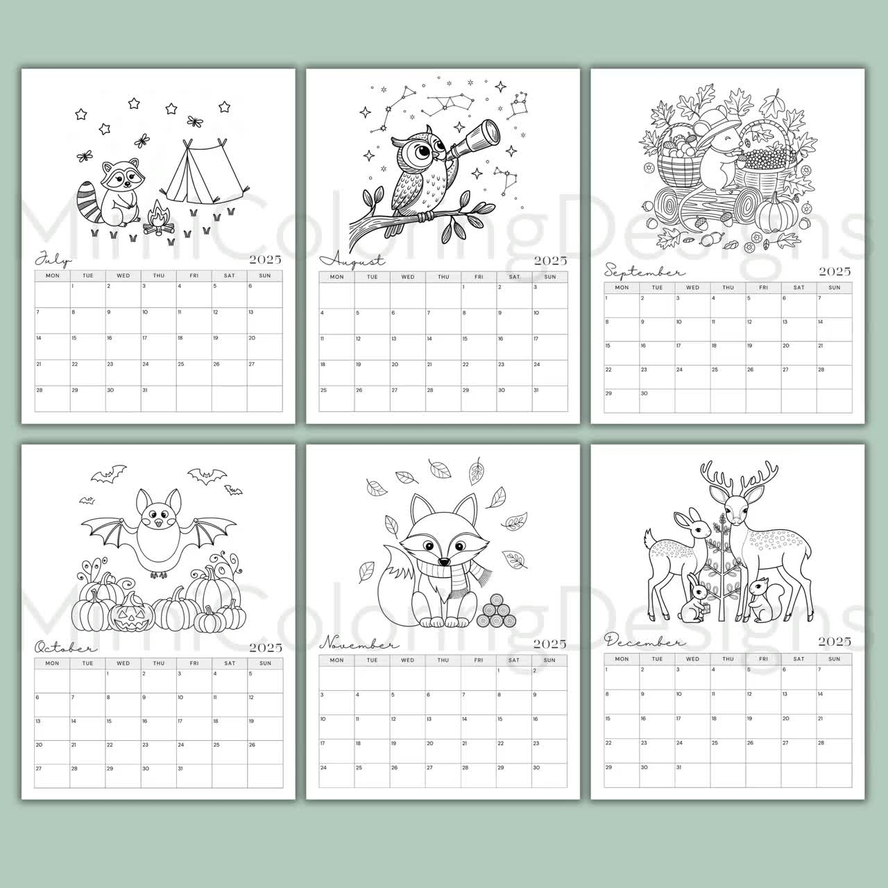woodland animals coloring calendar 2025 printable 2025 monthly planner kids calendar woodland lover gift wall calendar printable pdf etsy