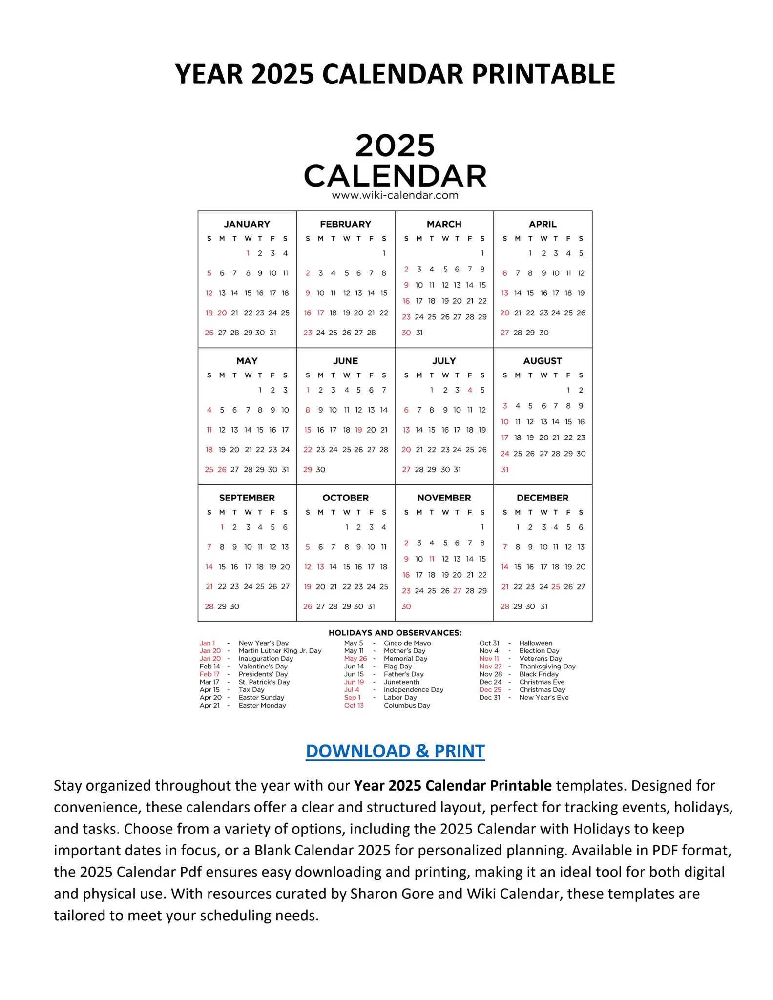 Printable Full Year 2025 Calendar