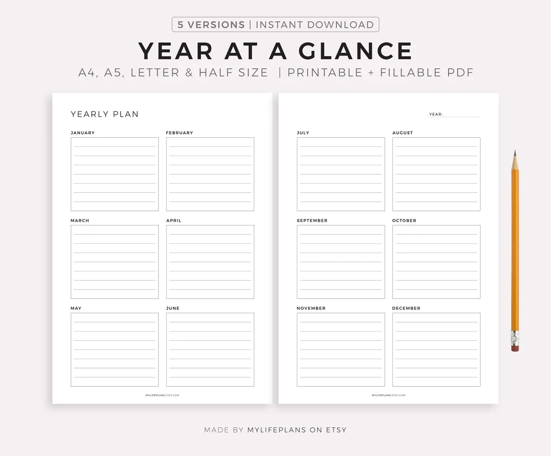 Year At A Glance Two Page Yearly Planner Printable 12 Month Overview Minimalist Planner A4 a5 letter half Instant Download PDF Etsy